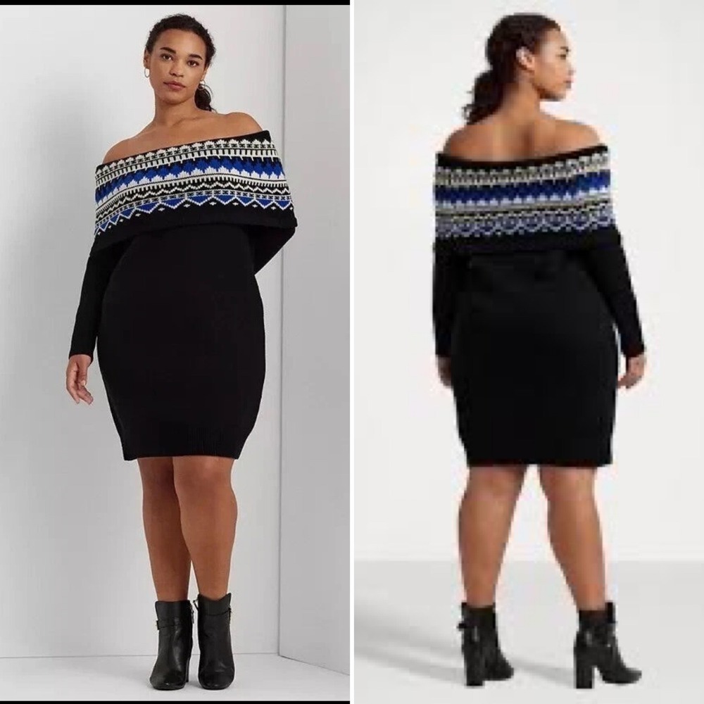 Lauren Ralph Lauren Woman's Plus Fair‎ Isle Off-the-Shoulder Sweater Dress 2X